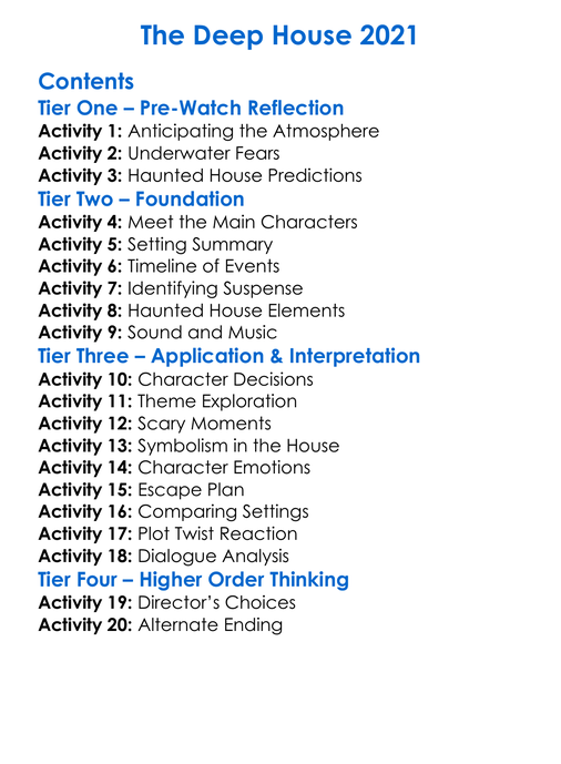 The Deep House 2021 Worksheet Activity Booklet