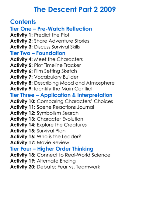 The Descent Part 2 2009 Worksheet Activity Booklet