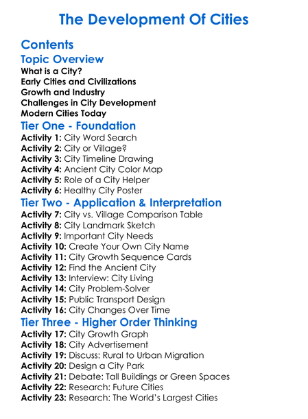 The Development Of Cities Worksheet Activity Booklet
