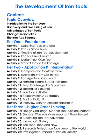 The Development Of Iron Tools Worksheet Activity Booklet