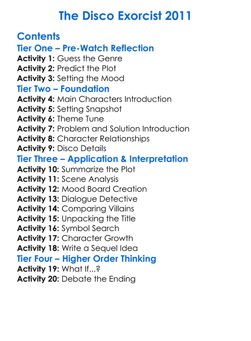 The Disco Exorcist 2011 Worksheet Activity Booklet