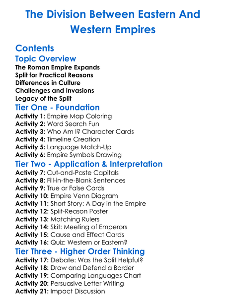 The Division Between Eastern And Western Empires Worksheet Activity Booklet
