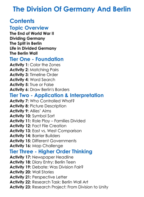 The Division Of Germany And Berlin Worksheet Activity Booklet