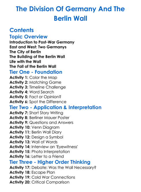 The Division Of Germany And The Berlin Wall Worksheet Activity Booklet