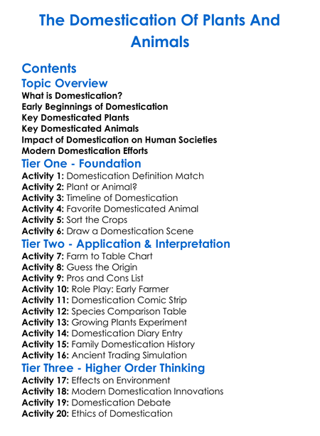 The Domestication Of Plants And Animals Worksheet Activity Booklet
