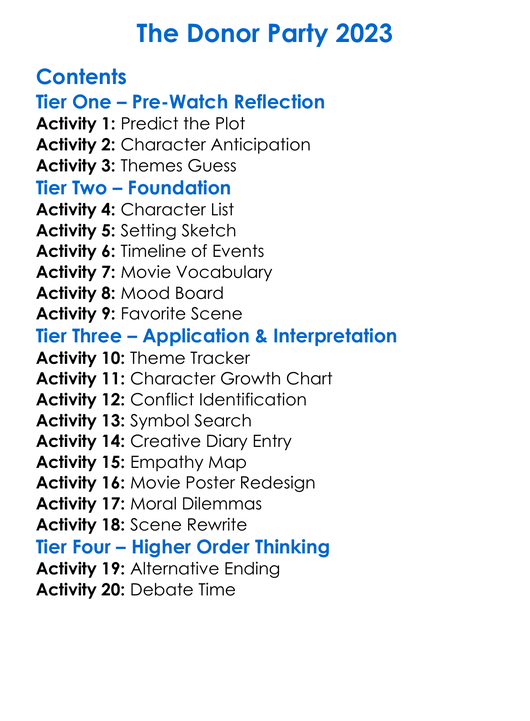 The Donor Party 2023 Worksheet Activity Booklet