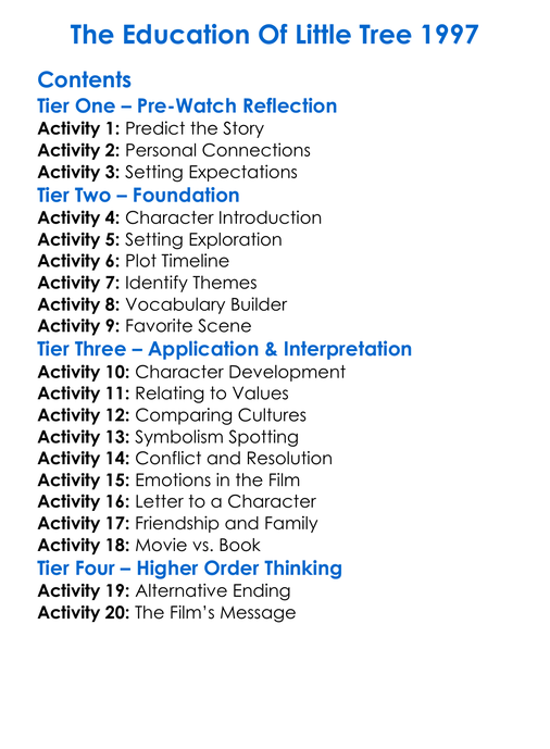 The Education Of Little Tree 1997 Worksheet Activity Booklet