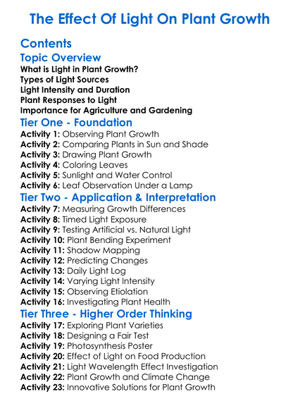 The Effect Of Light On Plant Growth Worksheet Activity Booklet