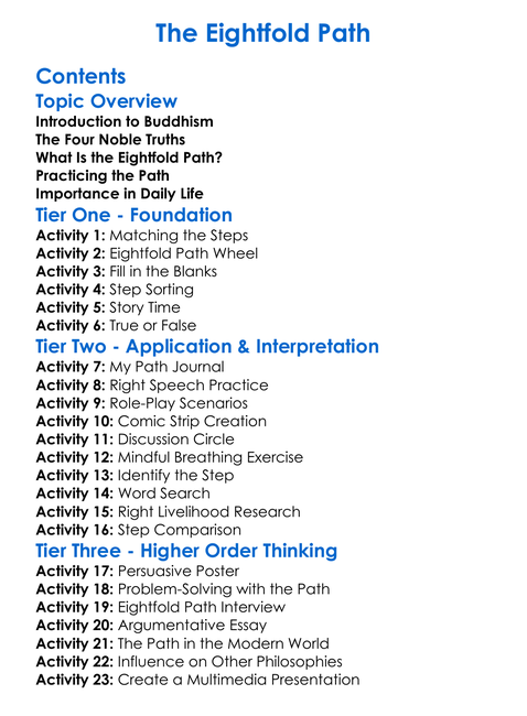 The Eightfold Path Worksheet Activity Booklet