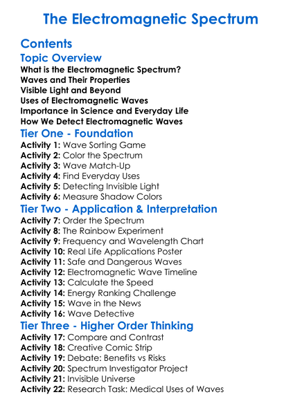 The Electromagnetic Spectrum Worksheet Activity Booklet