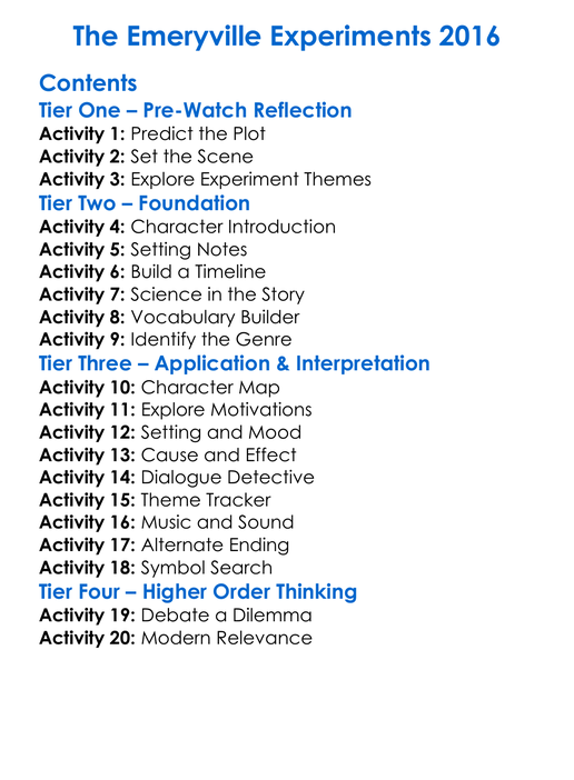 The Emeryville Experiments 2016 Worksheet Activity Booklet