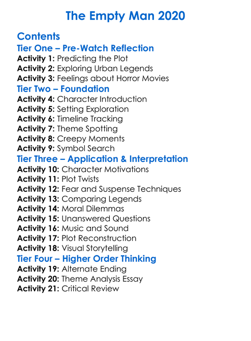 The Empty Man 2020 Worksheet Activity Booklet