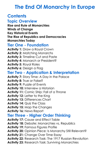 The End Of Monarchy In Europe Worksheet Activity Booklet