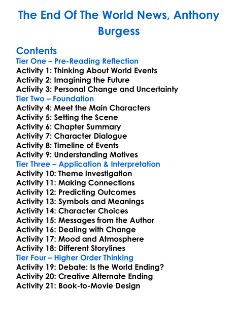 The End Of The World News Anthony Burgess Worksheet Activity Booklet