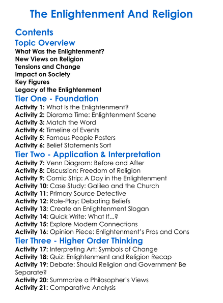 The Enlightenment And Religion Worksheet Activity Booklet