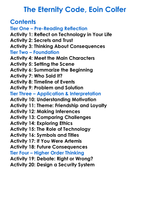 The Eternity Code Eoin Colfer Worksheet Activity Booklet