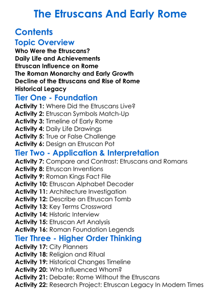 The Etruscans And Early Rome Worksheet Activity Booklet