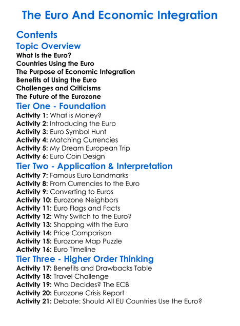 The Euro And Economic Integration Worksheet Activity Booklet