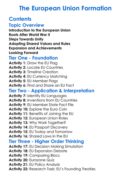 The European Union Formation Worksheet Activity Booklet