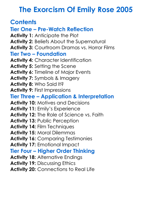 The Exorcism Of Emily Rose 2005 Worksheet Activity Booklet