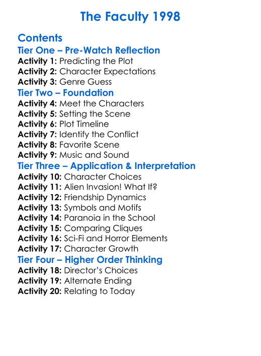 The Faculty 1998 Worksheet Activity Booklet