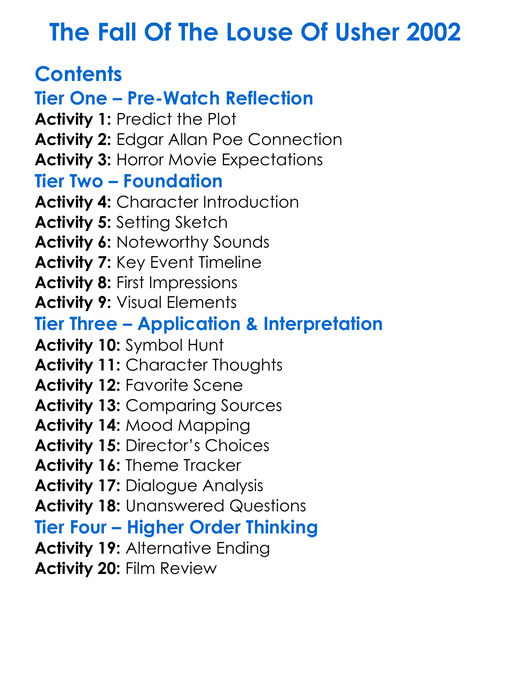 The Fall Of The Louse Of Usher 2002 Worksheet Activity Booklet