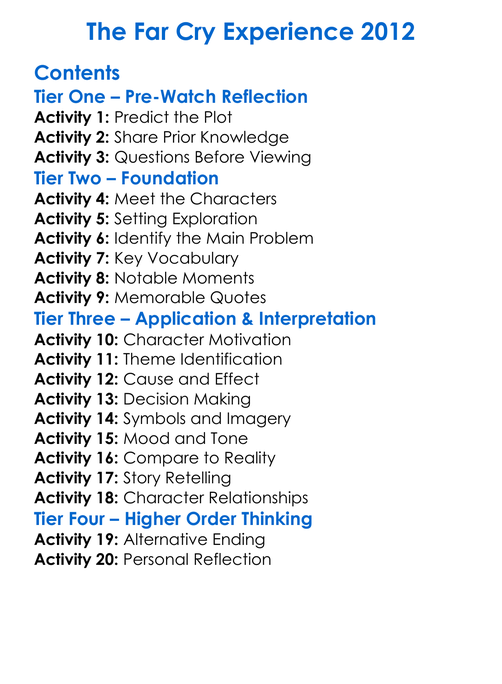 The Far Cry Experience 2012 Worksheet Activity Booklet