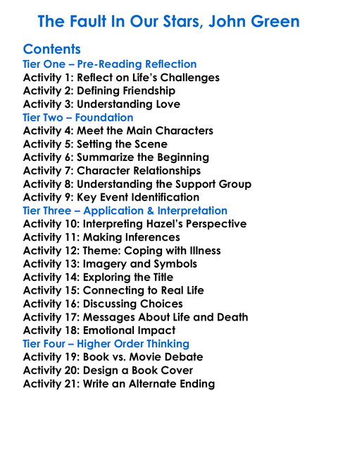 The Fault In Our Stars John Green Worksheet Activity Booklet