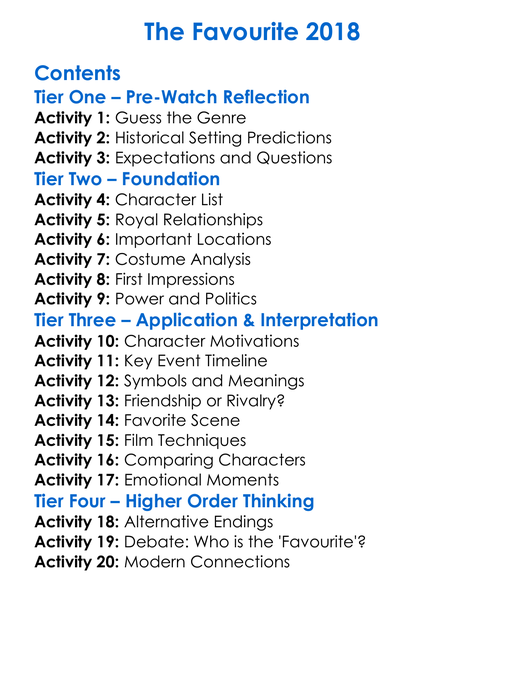 The Favourite 2018 Worksheet Activity Booklet