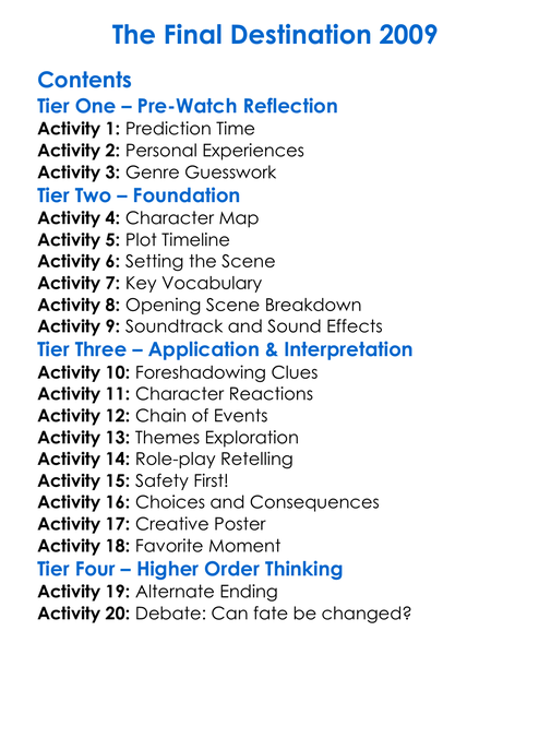 The Final Destination 2009 Worksheet Activity Booklet
