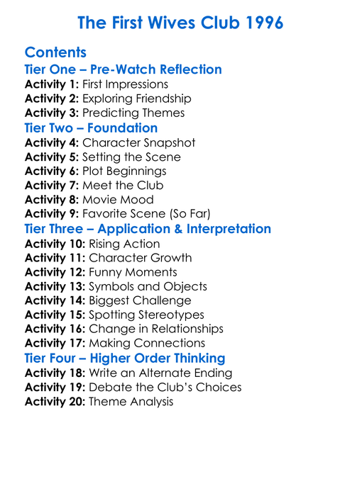 The First Wives Club 1996 Worksheet Activity Booklet