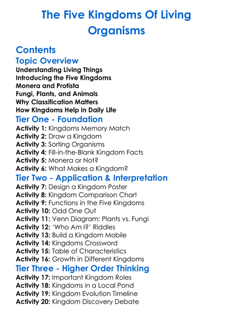 The Five Kingdoms Of Living Organisms Worksheet Activity Booklet