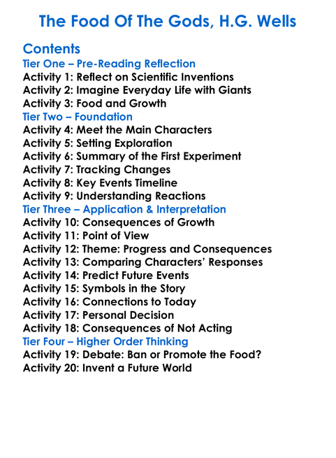 The Food Of The Gods Hg Wells Worksheet Activity Booklet