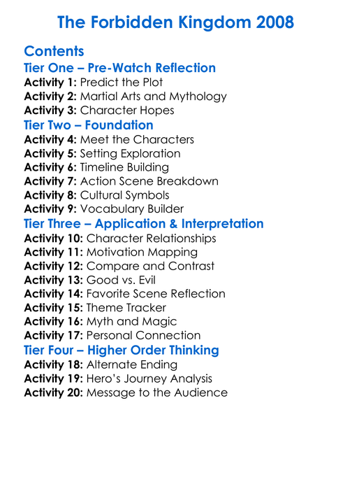 The Forbidden Kingdom 2008 Worksheet Activity Booklet