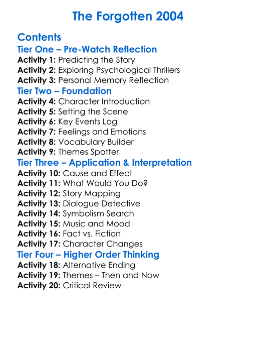 The Forgotten 2004 Worksheet Activity Booklet