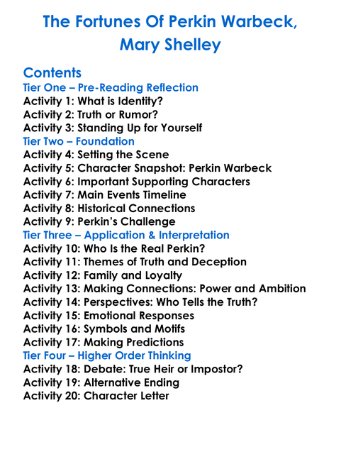 The Fortunes Of Perkin Warbeck Mary Shelley Worksheet Activity Booklet