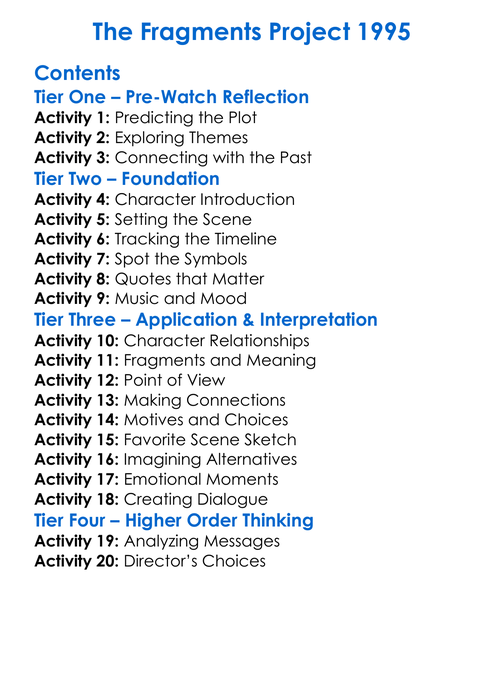 The Fragments Project 1995 Worksheet Activity Booklet