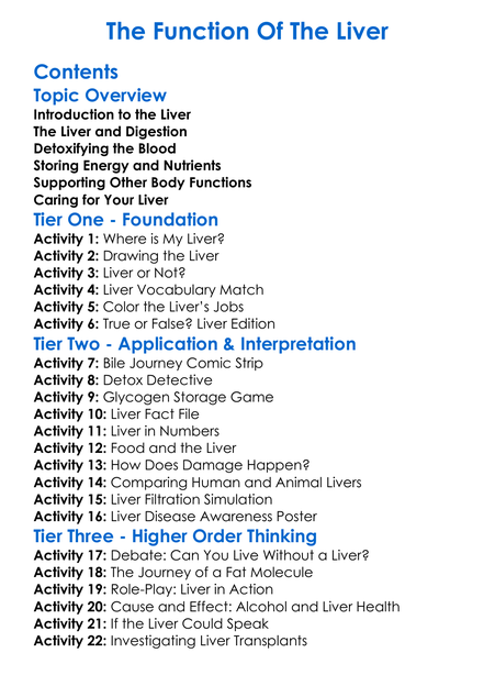 The Function Of The Liver Worksheet Activity Booklet