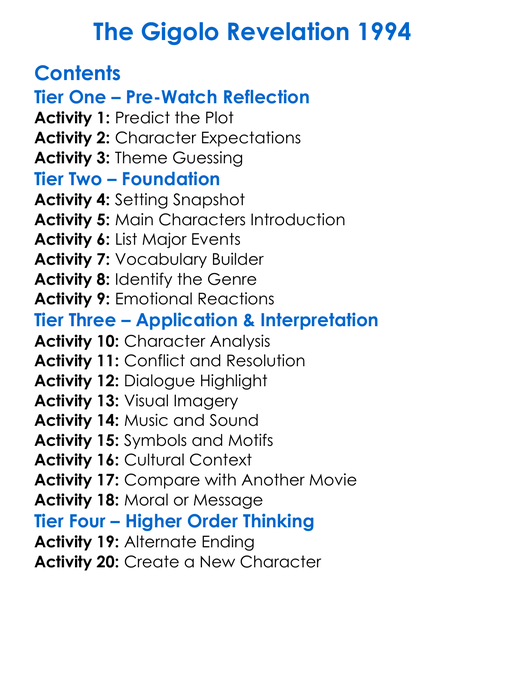 The Gigolo Revelation 1994 Worksheet Activity Booklet