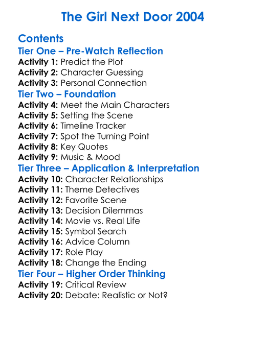 The Girl Next Door 2004 Worksheet Activity Booklet