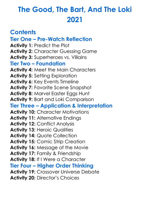 The Good The Bart And The Loki 2021 Worksheet Activity Booklet