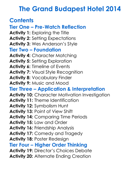 The Grand Budapest Hotel 2014 Worksheet Activity Booklet