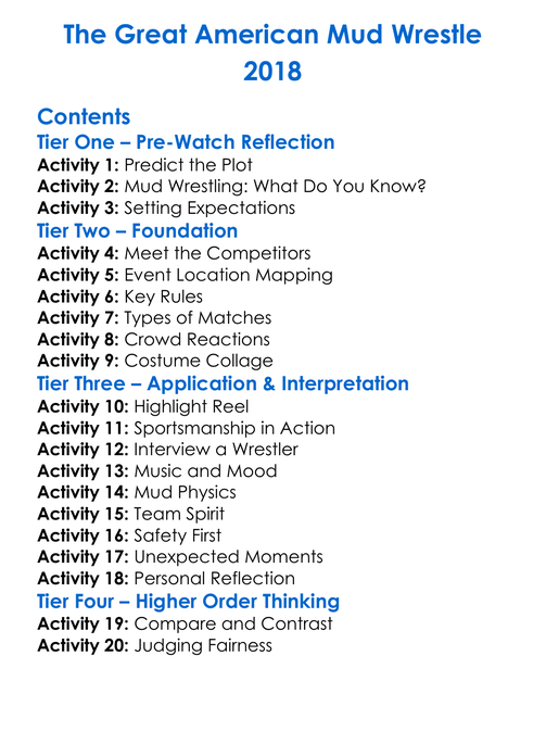 The Great American Mud Wrestle 2018 Worksheet Activity Booklet