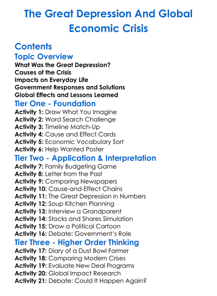 The Great Depression And Global Economic Crisis Worksheet Activity Booklet