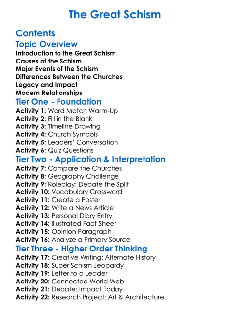 The Great Schism Worksheet Activity Booklet