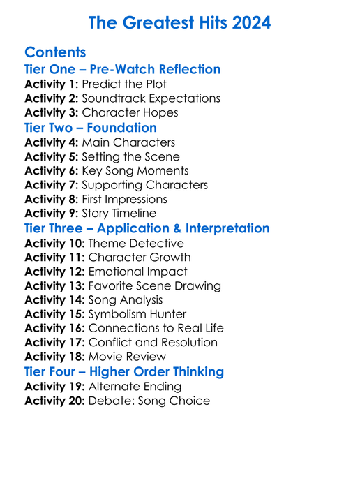 The Greatest Hits 2024 Worksheet Activity Booklet