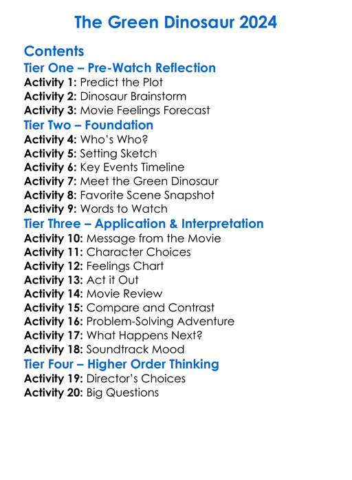 The Green Dinosaur 2024 Worksheet Activity Booklet