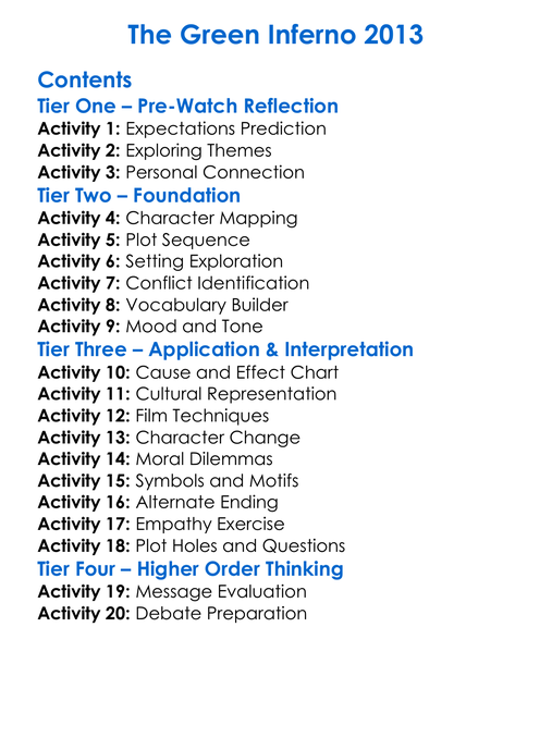 The Green Inferno 2013 Worksheet Activity Booklet