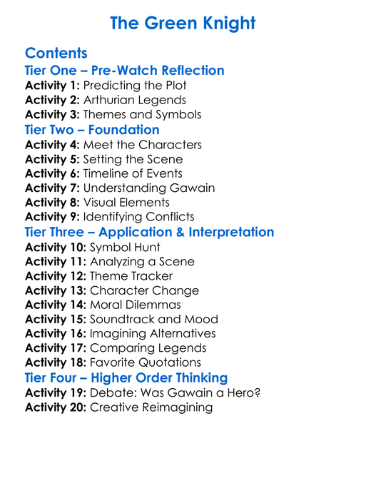 The Green Knight Worksheet Activity Booklet