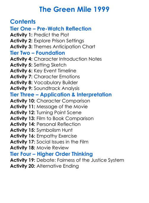 The Green Mile 1999 Worksheet Activity Booklet
